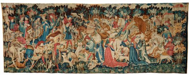 Tapestry with scenes of a boar and bear hunt, probably made in Arras or Tournai, Netherlands, 1425-30. Museum no. T.204-1957
