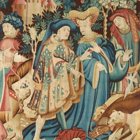 Detail from a tapestry with scenes of a boar and bear hunt, probably made in Arras or Tournai, Netherlands, 1425-30. Museum no. T.204-1957