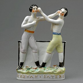 Flatback figure group of the boxers, Tom Sayers and John Carmell Heenan, about 1860. Museum no. C.26-1944