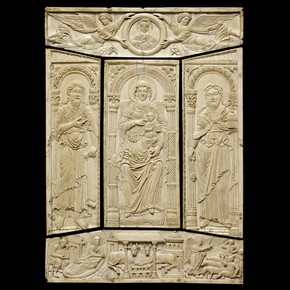 Ivory front cover of the Lorsch Gospels, about 810, Lorsch Abbey, Aachen, Germany. Museum no. 138-1866