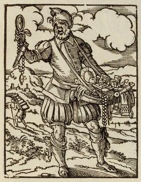 A Pedlar, woodcut from 'The Book of Trades', Frankfurt am Main, Germany, 1568. Museum no. 86.D.46