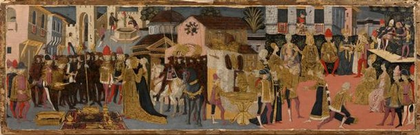 'The Continence of Scipio', poplarwood cassone panel painted in tempera, from the workshop of Apollonio di Giovanni, Florence, Italy, about 1463-5. Museum no. 5804-1859
