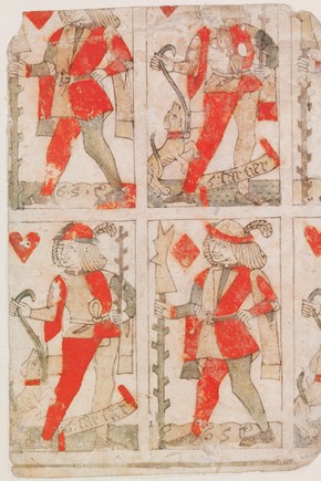 Uncut sheet of woodblock-printed playing cards, by Gilles Savoure, Lyon, France, 1490-1500. Museum no. E.988-1920