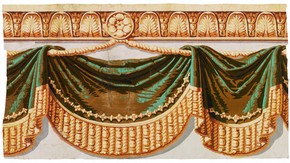 Wallpaper border printed to imitate velvet drapery with fringing, about 1820-30. Museum no. E.2156-1913