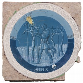 Figure 3. April from the Labours of the Months by Luca della Robbia (7635-1861). (Photography by Christine Smith, V&A Photographic Studio).