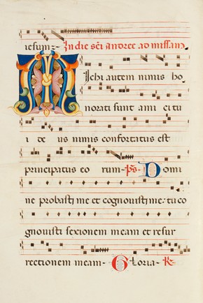 Page from a choirbook known as the Camaldolese Gradual, attributed to Simone da Siena, Florence, Italy, about 1380. Museum no. MSL/1868/5836