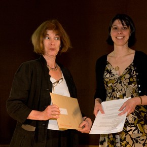 Bobbie Kociejowski receiving the Fashion and Textile prize on behalf of Brenda Gibson give by Barbara Lasic
