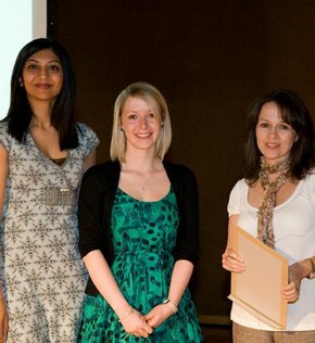 Sharon Glass receiving her Benefit of Learning Prize from Kamy Basra and Emma Cliffe from NIACE