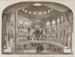 The Royal Panopticon, later known as the Alhambra Theatre in Thomas Hayter Lewis's, 'The Builder' Vol.XII, No.580, 18 March, 1854. Museum no. NAL PP.20.A