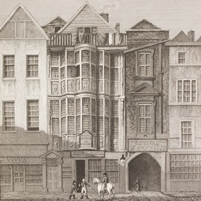 Sir Paul Pindar's house in about 1819. Engraving from London Illustrated published by Robert Wilkinson, 1819. NAL Pressmark 236.G.11