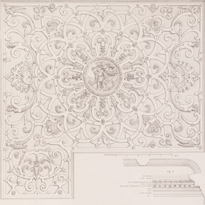 Engraving of the chapel ceiling decoration at Sir Paul Pindar`s house, London, England, 1840.