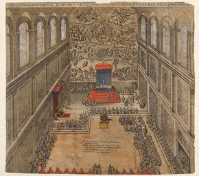 Upper part of a view of the Sistine Chapel during Mass showing the Raphael tapestries, by Etienne Dupérac, 1578. Museum no. E.2801-1886