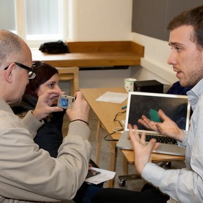 V&A staff member working with visitors during the SAP Digital Design Weekend, 2010.