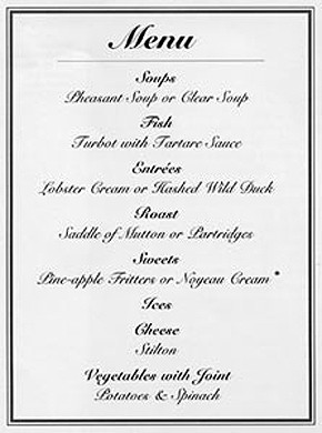 Menu taken from 'Mrs Beeton's book of household management', 1892