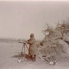 Stein at his plane table surveying in the Taklamakan Desert. © The British Library