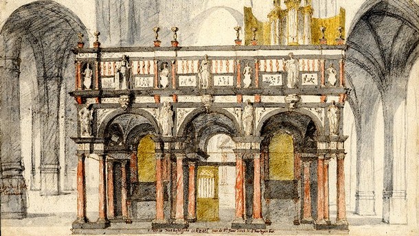 The choir screen of St John's Cathedral, 's-Hertogenbosch. Watercolour by Pieter Saenredam, 1632. © The Trustees of the British Museum.