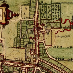 Detail of the Bishopsgate area from a map of Elizabethan London by G Braun & F Hogenberg (engraver), Cologne, Germany, 1572.