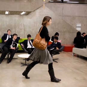 Schoolchildren in the foyer of the Sackler Centre for Arts Education.