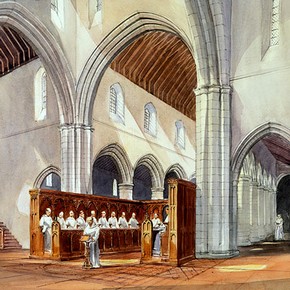 Drawing of Rievaulx Abbey showing monks worshipping in the church of the Cistercian monastery. © English Heritage Photo Library.