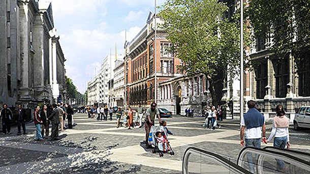The museums area of Exhibition Road as proposed, looking north from Cromwell Road.