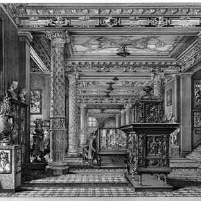 The V&A's first ceramic galleries shown in an engraving by John Watkins, 1876