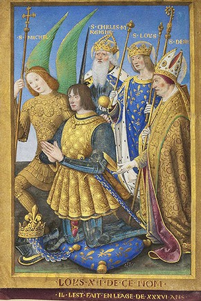'Louis XII of France Kneeling in Prayer, Accompanied by Saints Michael, Charlemagne, Louis and Denis', by Jean Bourdichon, France, 1498/9. The J. Paul Getty Museum