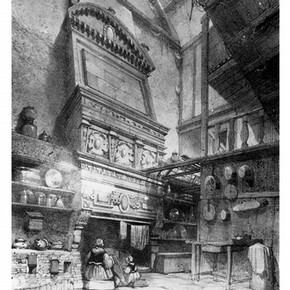 Lithograph of a view of the monumental fireplace in the hall of a house at Treguier, Brittany, by E. Cicéri after A. Guesdon, 1833. Supplied by Musée de Morlaix.