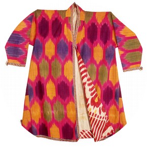 Man's robe with large spots on a bright pink background, Bukhara, Uzbekistan