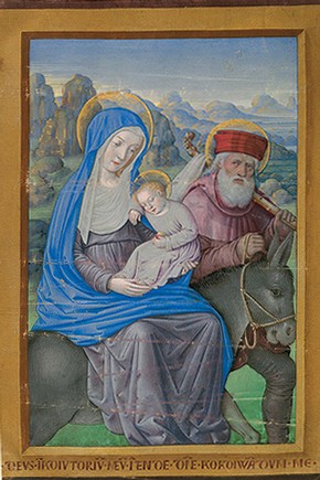 'Flight into Egypt', illuminated manuscript from the Book of Hours of Louix XII by Jean Bourdichon, 1498/9, France. From a private collection, courtesy of Sam Fogg, London.