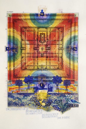 'Vision of the New Temple, Ezekiel 40: 1 to 48: 35', illuminated calfskin vellum bible page by Donald Jackson, 2005. Hill Museum & Manuscript Library
