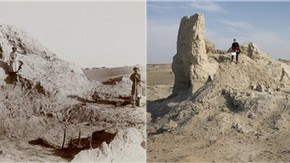 Ruined tower with remains of wind-eroded dwelling in the foreground, Endere, Sir Marc Aurel Stein, 1906. Photo 392/27(104), © The British Library Board (left). Same view, John Falconer, 2008. Photo 1125/16(306), © International Dunhuang Project (right)