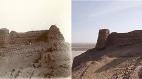 View of fort wall, Mazartagh, Sir Marc Aurel Stein, 1906-1908. Photo 392/26(715), © The British Library Board (left). Same view, John Falconer, 2008. Photo 1125/16(715), © International Dunhuang Project (right)