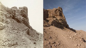 North bastion of ruined fort seen from outer court, Mazartagh, Sir Marc Aurel Stein, 1906-1908. Photo 392/26(721), © The British Library Board (left). Same view, Victoria Swift, 2008. Photo 1187/2(281), © International Dunhuang Project (right)
