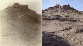 Mazartagh fort with refuse slopes, Sir Marc Aurel Stein, 1906-1908. Photo 392/26(707), © The British Library Board (left). Same view, Victoria Swift, 2008. Photo 1187/2(307), © International Dunhuang Project (right)