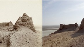 Ruined fort and watchtower on Mazartagh ridge, Sir Marc Aurel Stein, 1906-1908. Photo 392/26(717), © The British Library Board (left). Same view, Victoria Swift, 2008. Photo 1187/2(282), © International Dunhuang Project (right)