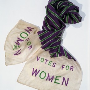 Commemorative Suffragette scarf reading 'Votes For Women', woven silk, English, about 1910. Museum no. T.20-1946