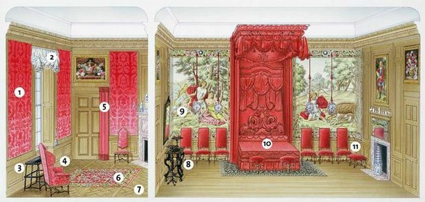 Dressing room and bedroom of an imaginary grand house in 1700.