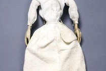 Lady Clapham in her under-petticoat, with pocket tied around her waist, England, 1690s. Museum no. T.846-1974
