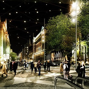 Computer-generated image of how the museum area of Exhibition Road will look at night.
