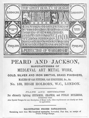 Advertisements of church furnishers Hart & Son and Peard & Jackson, from the Architectural Exhibition Society's catalogue, 1868