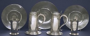 Set of consecration dishes and flagons, Pieter van der Hegge, Henric van Heusden and Jean du Vignon, 1682-5. Museum nos. M.4 to 8-1995