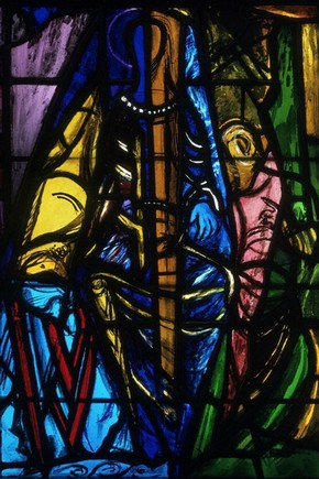 Christ between Sts Peter and Paul, stained glass panel, designed by John Piper, made by Patrick Reyntiens, 1958. Museum no.C.77-1981