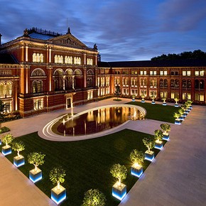 View of the John Madejski Garden at night.