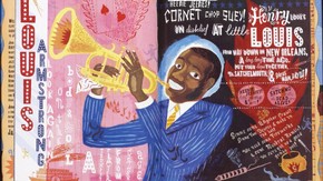 Jonny Hannah, Louis Armstrong, cover & inside illustrations © 2005 Jonny Hannah. From Hot Jazz Special by Jonny Hannah. Reproduced by permission of Walker Books Ltd, London, SE11 5HJ