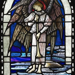 Trumpeting Seraphim, stained glass panel, Veronica Whall, 1925. Museum no. C.65-1973, given by Mr C.J. Whall