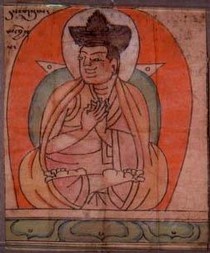 'Dusum Khenpa', ink and gouache on paper, Tibet, 14th century. Found inside the seated Buddha, Museum no. IM.121-1910. Dusum Khenpa (1110-70) founded the Karmapa order