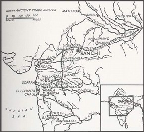 Map showing location of Sanchi in relation to ancient trades routes and other historic Buddhist sites.
