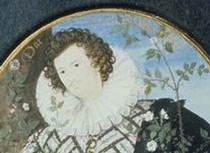 Nicholas Hilliard, 'Young Man among Roses' (detail), possibly Robert Devereux, second Earl of Essex, 1585-95. Museum no. P.163-1910