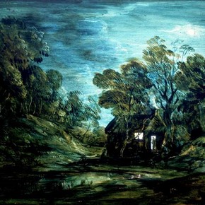'Wooded Moonlight Landscape with Pool and Figure at the Door of a Cottage' by Thomas Gainsborough RA, about 1781, Museum no. P.33-1955