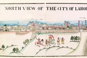 'North View of the City of Lahore', panoramic view with Maharaja Ranjit Singh and attendants in the foreground, Lahore, about 1870. Museum no. IM.2(87)-1917